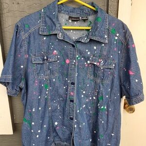 Paint Splattered Erika Plus Size 2X Blue Denim Shirt
Top Blouse Upcycled